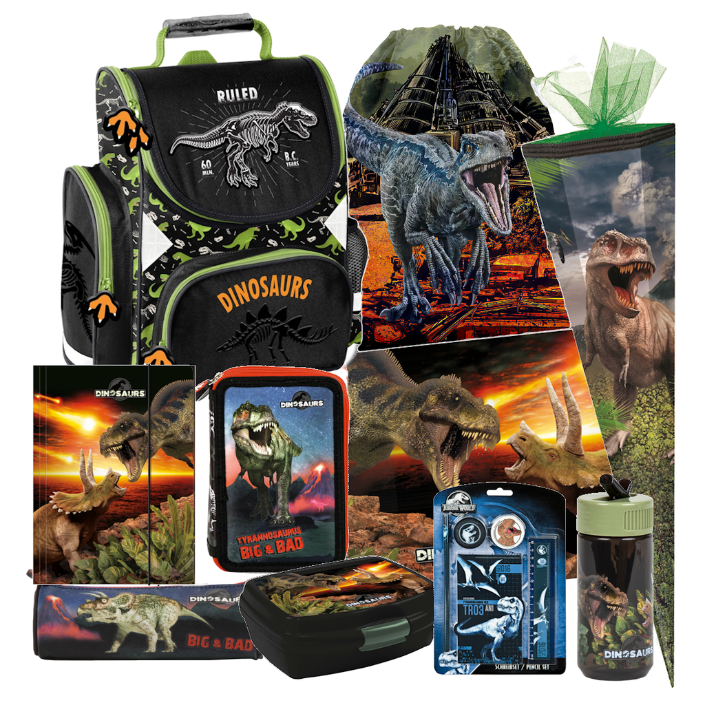 Dinosaurier T-Rex 10 tlg. Set SCHULRANZEN Ranzen FEDERMAPPE Schultüte Tornister