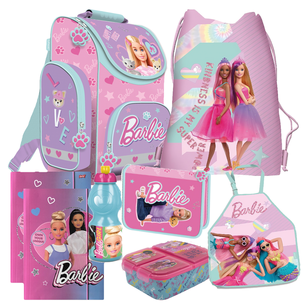 BARBIE Schulranzen 8 Teile Set Ranzen Federmappe Tornister Tasche Puppen Motiv
