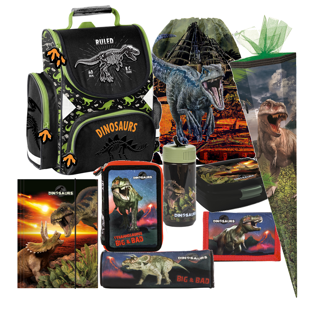 Dinosaurier T-Rex 9 tlg. Set SCHULRANZEN Ranzen FEDERMAPPE Schultüte Tornister