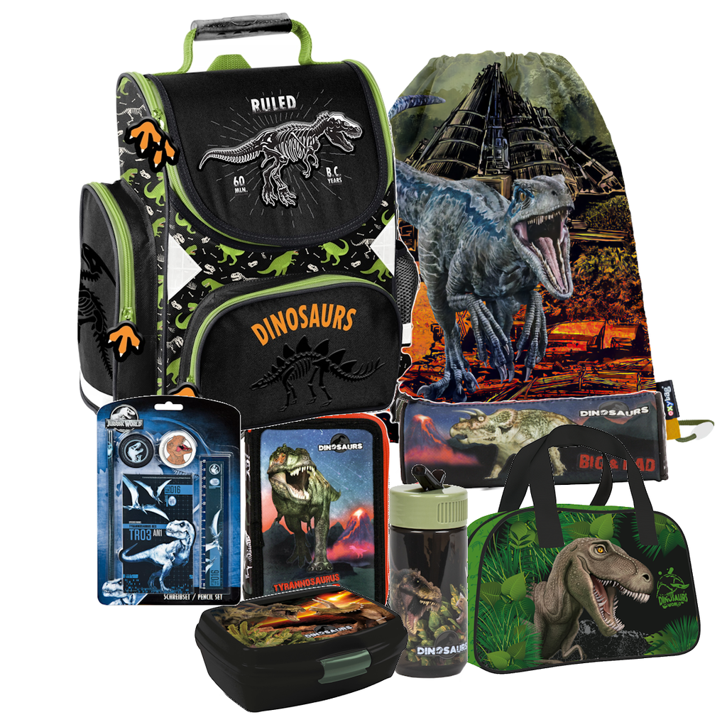 Dinosaurier Dino T-Rex Schulranzen Ranzen Tornister 8 tlg Set Tasche Sporttasche