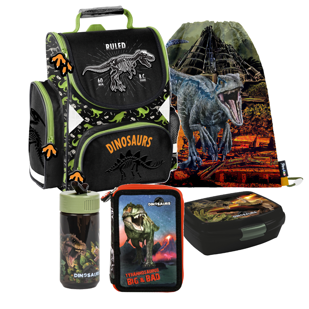 Dinosaurier Dino T-Rex SCHULRANZEN Ranzen Tornister 5 tlg Set Tasche Federmappe