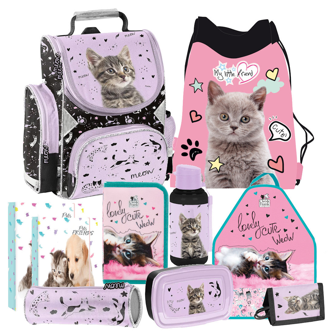 Familando Schulranzen Kitty Katze Schultasche, lila, für Mädchen 1. bis