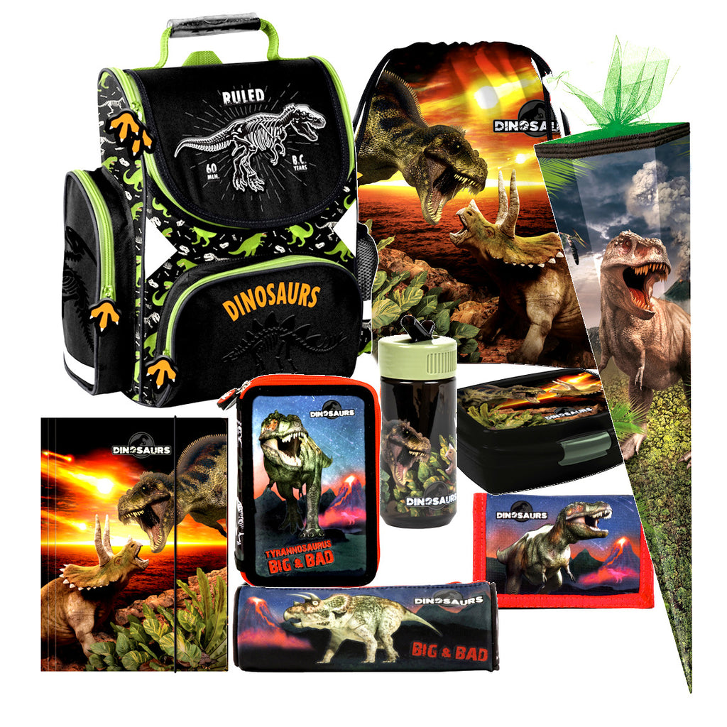 Dinosaurier T-Rex 9 tlg. Set SCHULRANZEN Ranzen FEDERMAPPE Schultüte Tornister