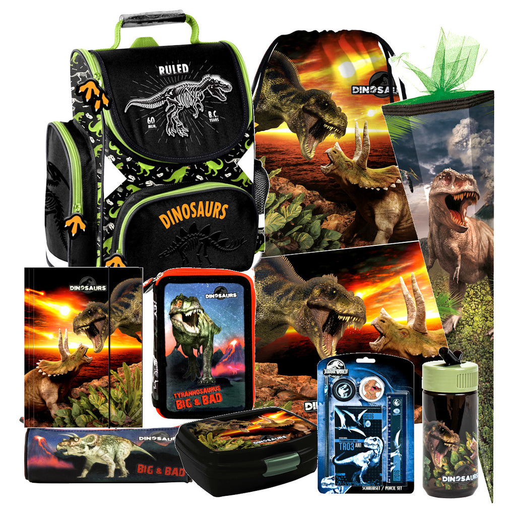 Dinosaurier T-Rex 10 tlg. Set SCHULRANZEN Ranzen FEDERMAPPE Schultüte Tornister