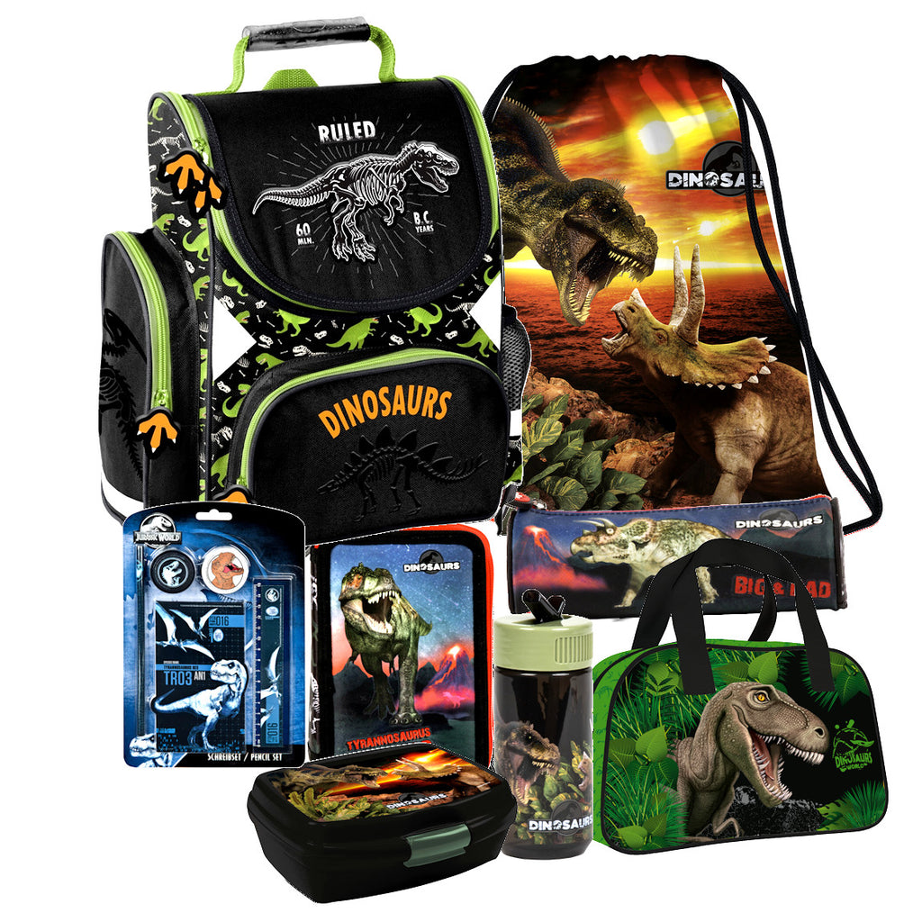 Dinosaurier Dino T-Rex Schulranzen Ranzen Tornister 8 tlg Set Tasche Sporttasche