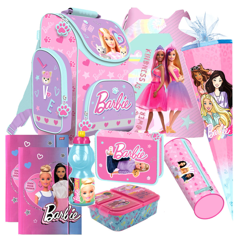 BARBIE Schulranzen 9 Teile Set Ranzen Federmappe Tornister Schultüte 85 cm Puppe