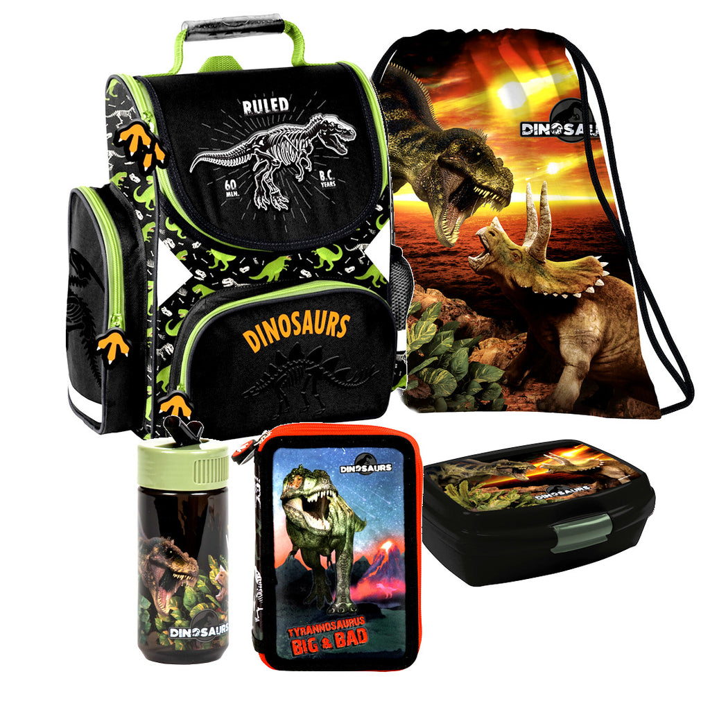 Dinosaurier Dino T-Rex SCHULRANZEN Ranzen Tornister 5 tlg Set Tasche Federmappe