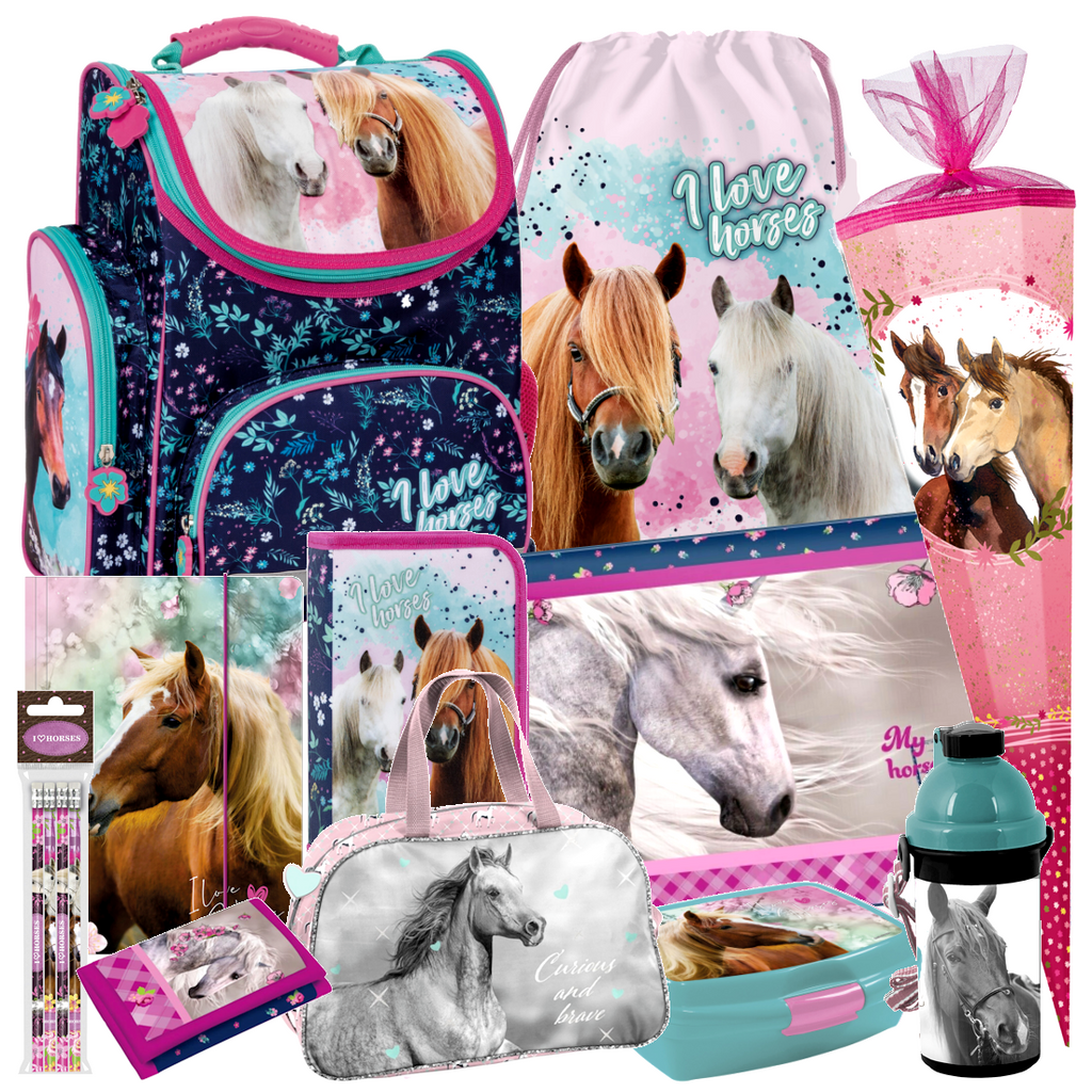 Pferd Pony HORSES 14 Teile Set SCHULRANZEN RANZEN Schultüte TASCHE TORNISTER dsp