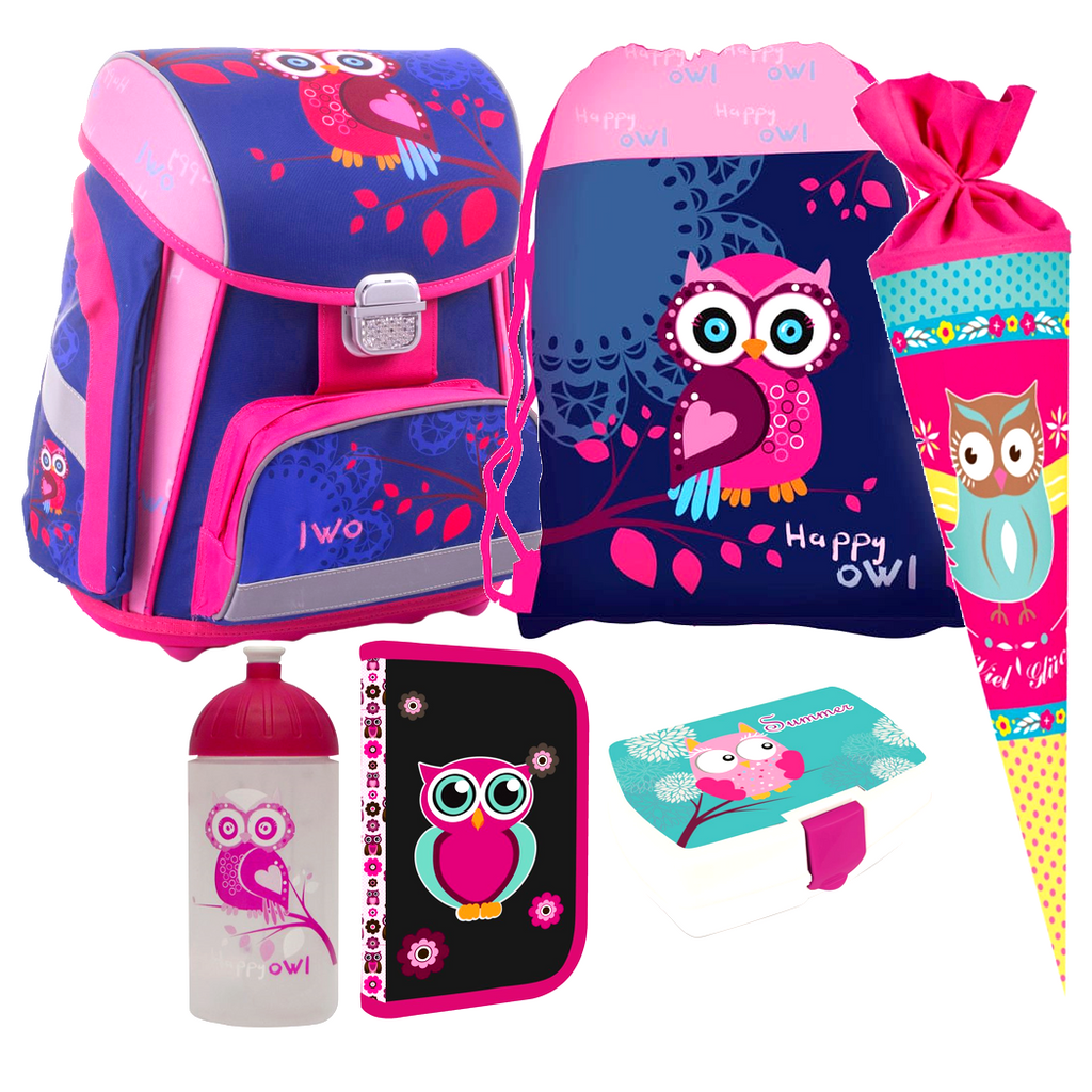 Eule Owl 6 Teile Set SCHULRANZEN RANZEN TORNISTER FEDERMAPPE TASCHE Schultüte