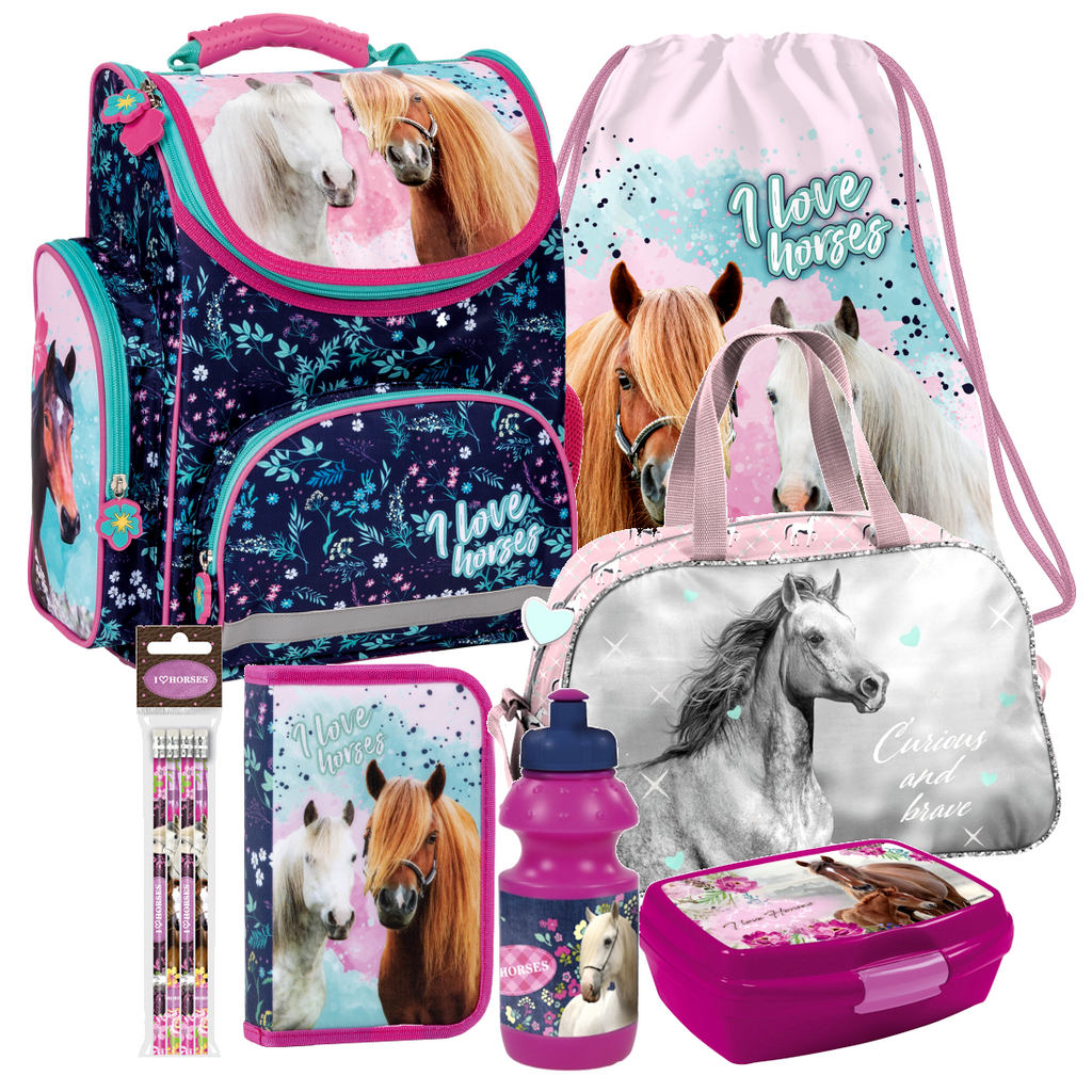 Pferd Pony HORSES 10 Teile Set SCHULRANZEN Ranzen FEDERMAPPE Tasche TORNISTER we